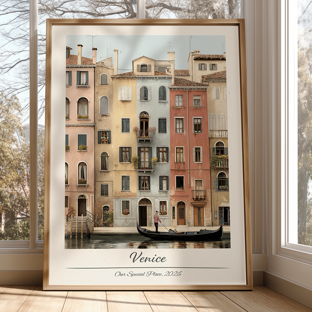 Framed artwork of a Venetian canal scene with gondola, displayed in a room with large windows.