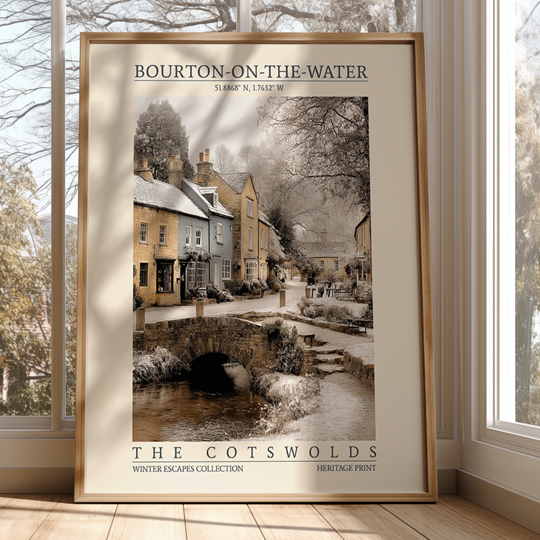 Framed poster of Bourton-on-the-Water in The Cotswolds with a scenic village view.
