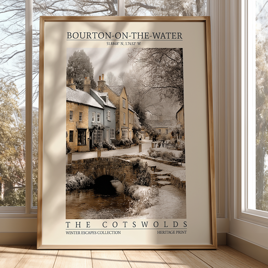 Framed poster of Bourton-on-the-Water in The Cotswolds with a scenic village view.
