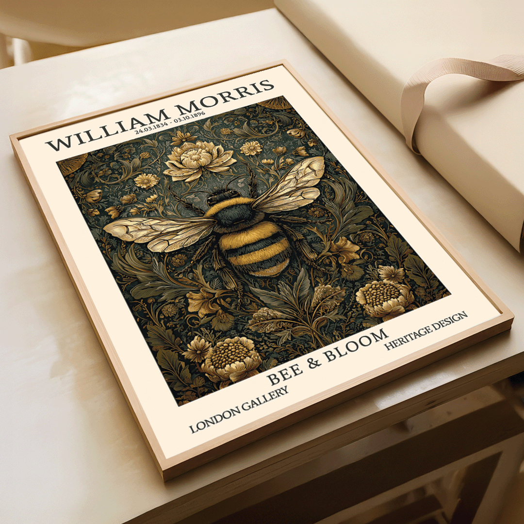A framed William Morris art print featuring a detailed illustration of a bumblebee among flowers, styled on a light beige tabletop next to a rolled cream fabric or ribbon.