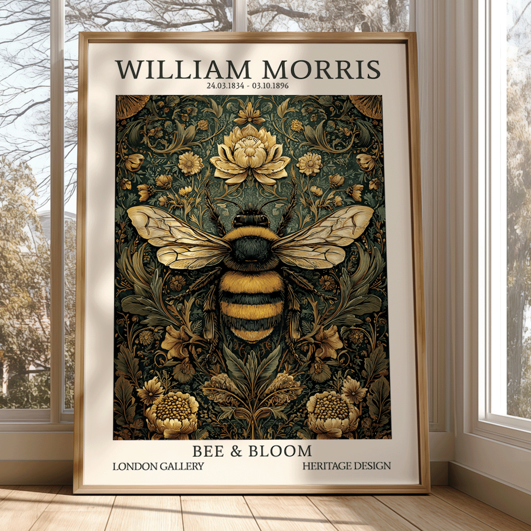 A framed art print featuring a large yellow and black bumblebee over an ornate floral pattern, leaning against a window in a room with light wood flooring.
