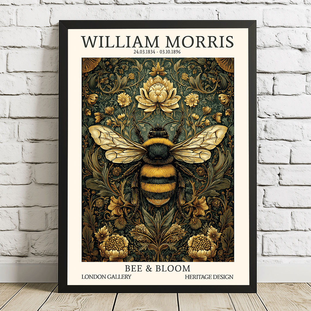 A framed art print featuring a vintage-style bee over an ornate floral pattern, leaning against a white brick wall on a wooden floor. The poster includes the text 'WILLIAM MORRIS' at the top and 'BEE & BLOOM' at the bottom.