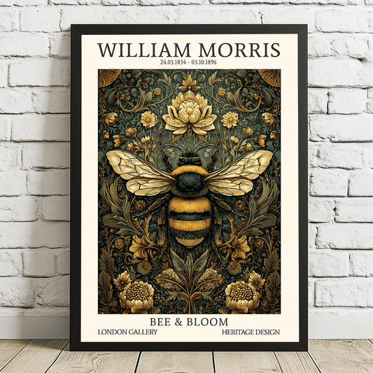 A framed art print featuring a vintage-style bee over an ornate floral pattern, leaning against a white brick wall on a wooden floor. The poster includes the text 'WILLIAM MORRIS' at the top and 'BEE & BLOOM' at the bottom.