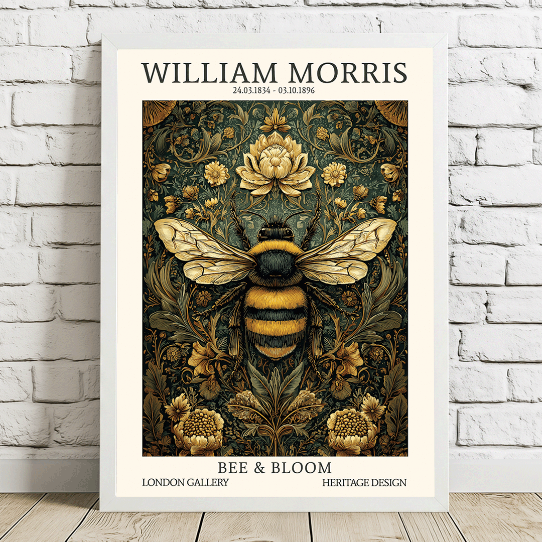 A framed art print featuring a detailed Victorian-era illustration of a bumblebee surrounded by flowers, with the text 'WILLIAM MORRIS' at the top and 'BEE & BLOOM' at the bottom, leaning against a white brick wall on a wooden floor.