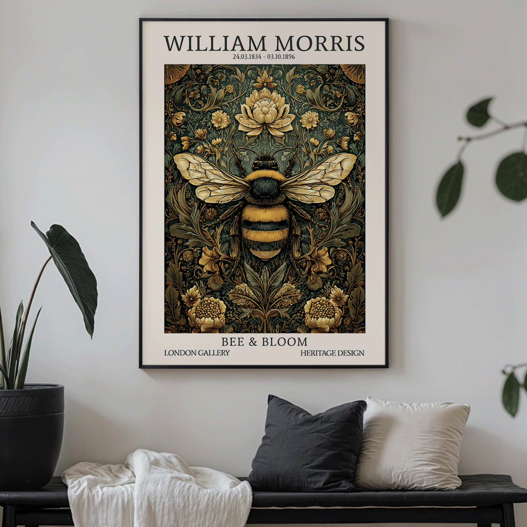 A framed William Morris poster featuring a large bumblebee and floral motifs, hung on a light gray wall above a bench with pillows and a throw blanket in a styled interior setting.