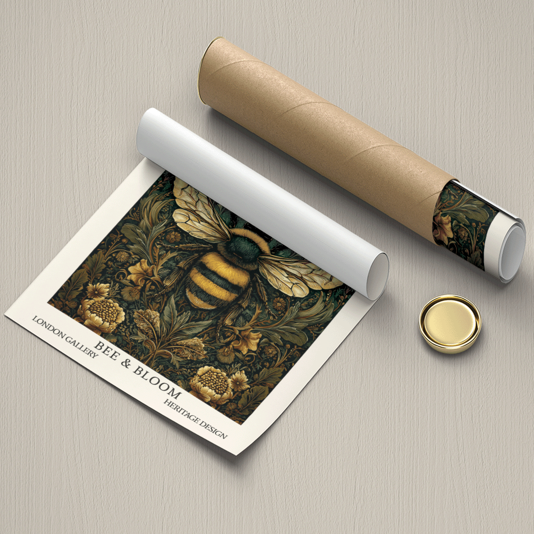 A rolled art print or poster showing a vintage-style bumblebee and floral illustration, displayed next to a brown cardboard mailing tube and a small round gold cap on a light textured surface. The print includes the text 'BEE & BLOOM' and 'LONDON GALLERY HERITAGE FASHION'.