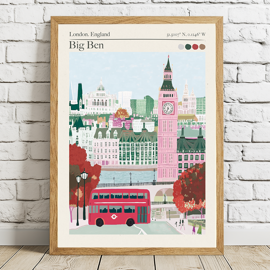 Framed poster of London with Big Ben and a red bus on a white brick wall.