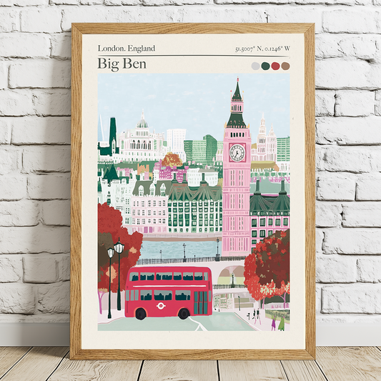 Framed poster of London with Big Ben and a red bus on a white brick wall.