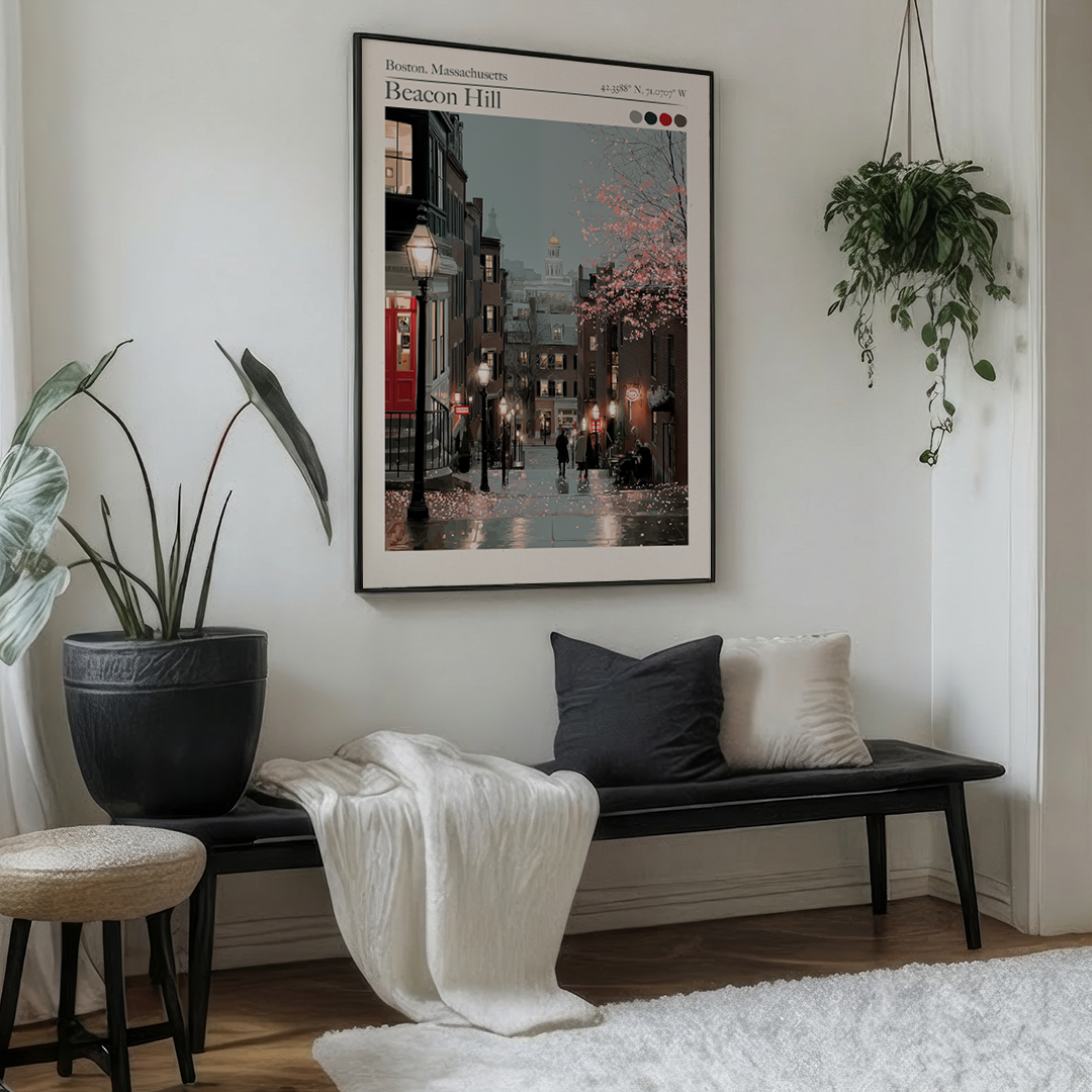 Living room with a bench, cushions, and a framed picture on the wall.