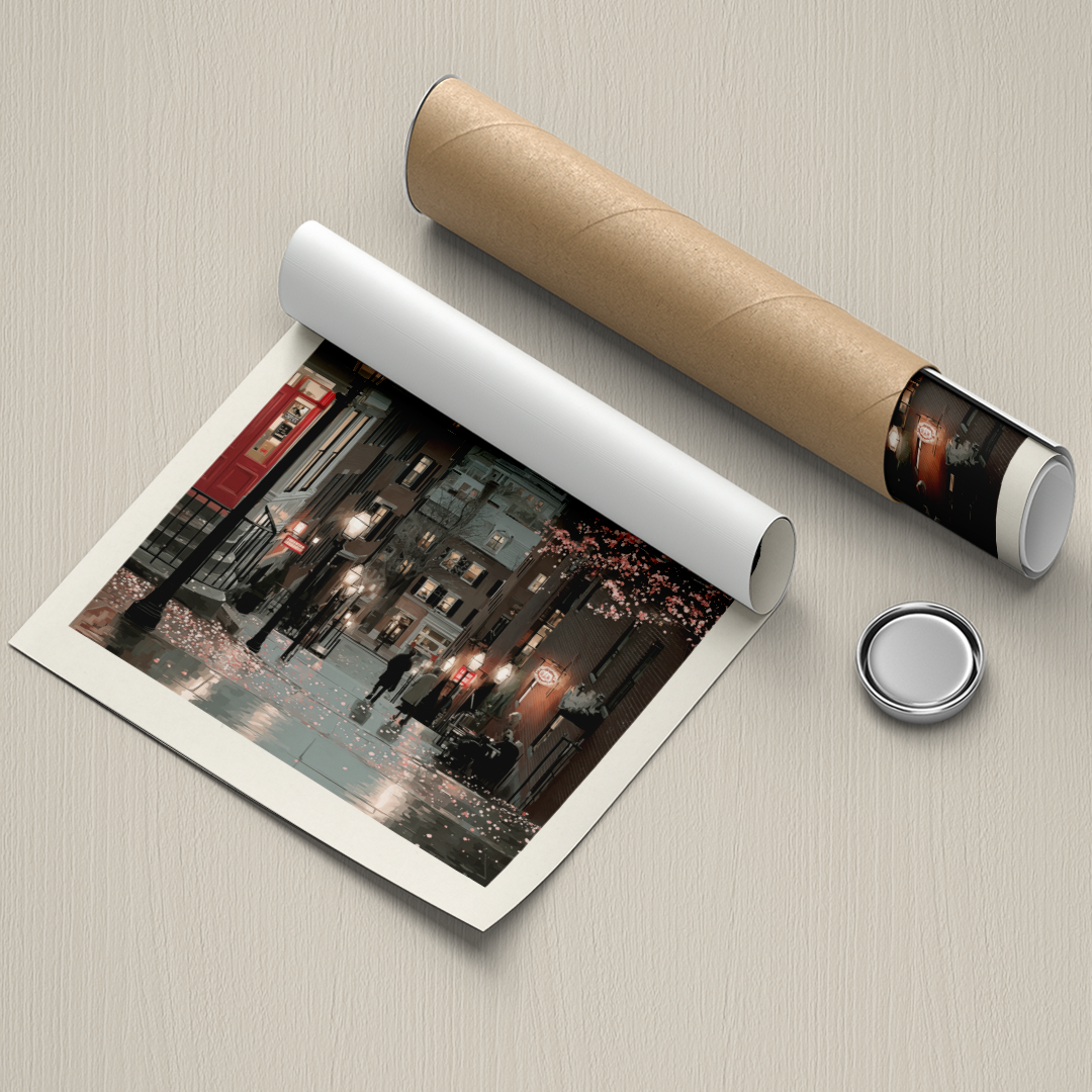 Roll of paper with a printed cityscape and a cylindrical object on a textured surface