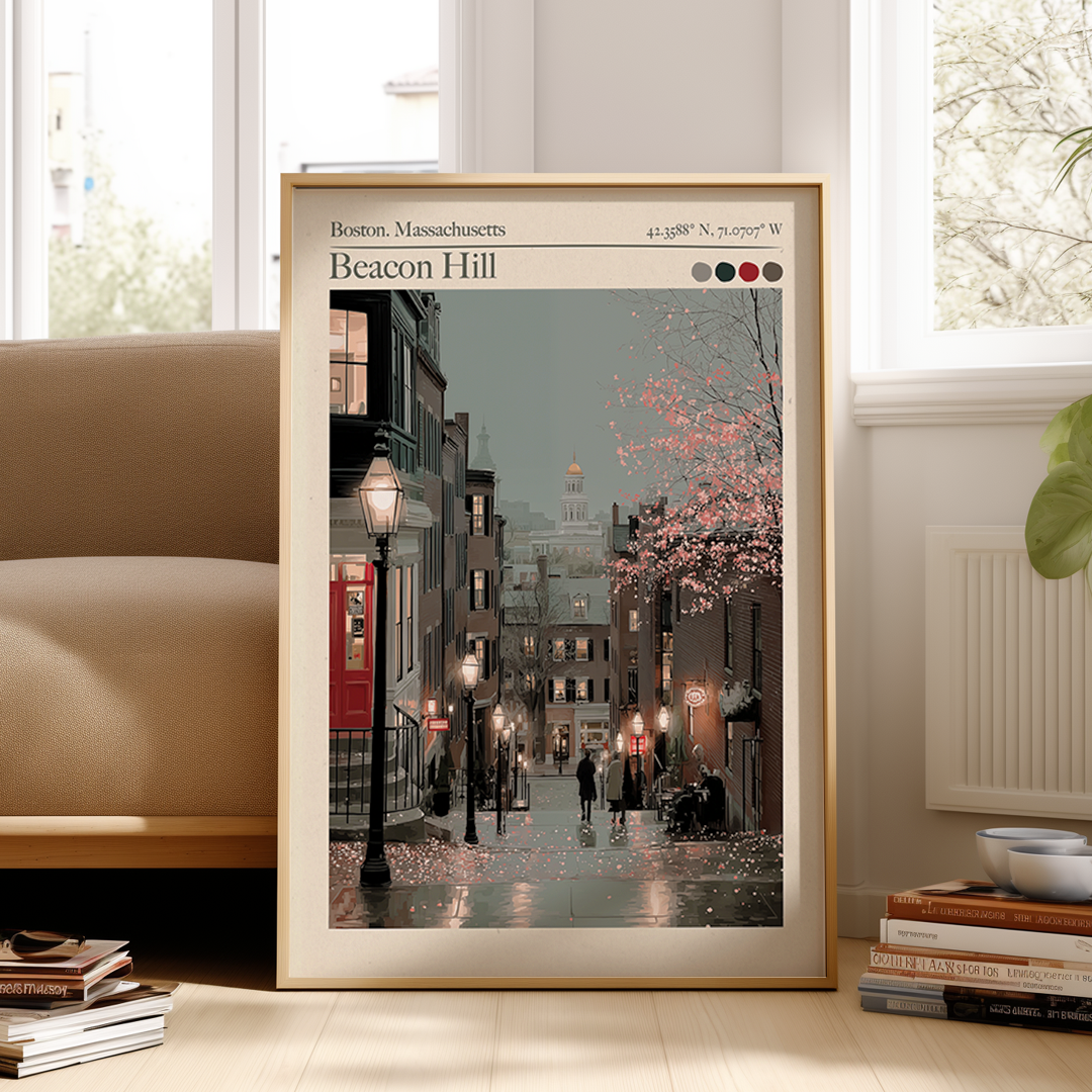 Framed artwork of a city street scene with cherry blossoms in Beacon Hill, Boston, Massachusetts.