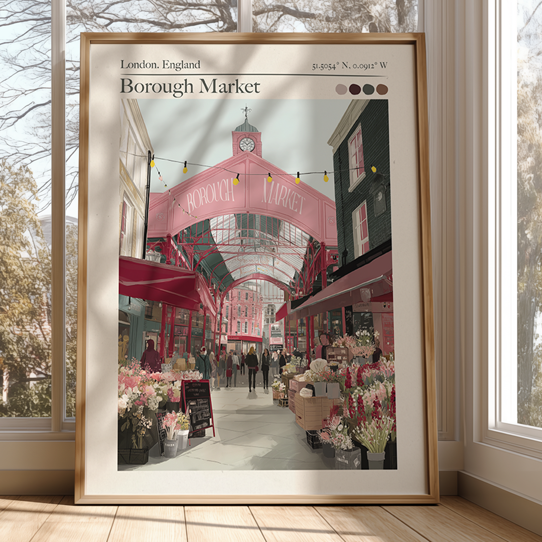 Framed artwork of Borough Market in London, displayed in a room with large windows.