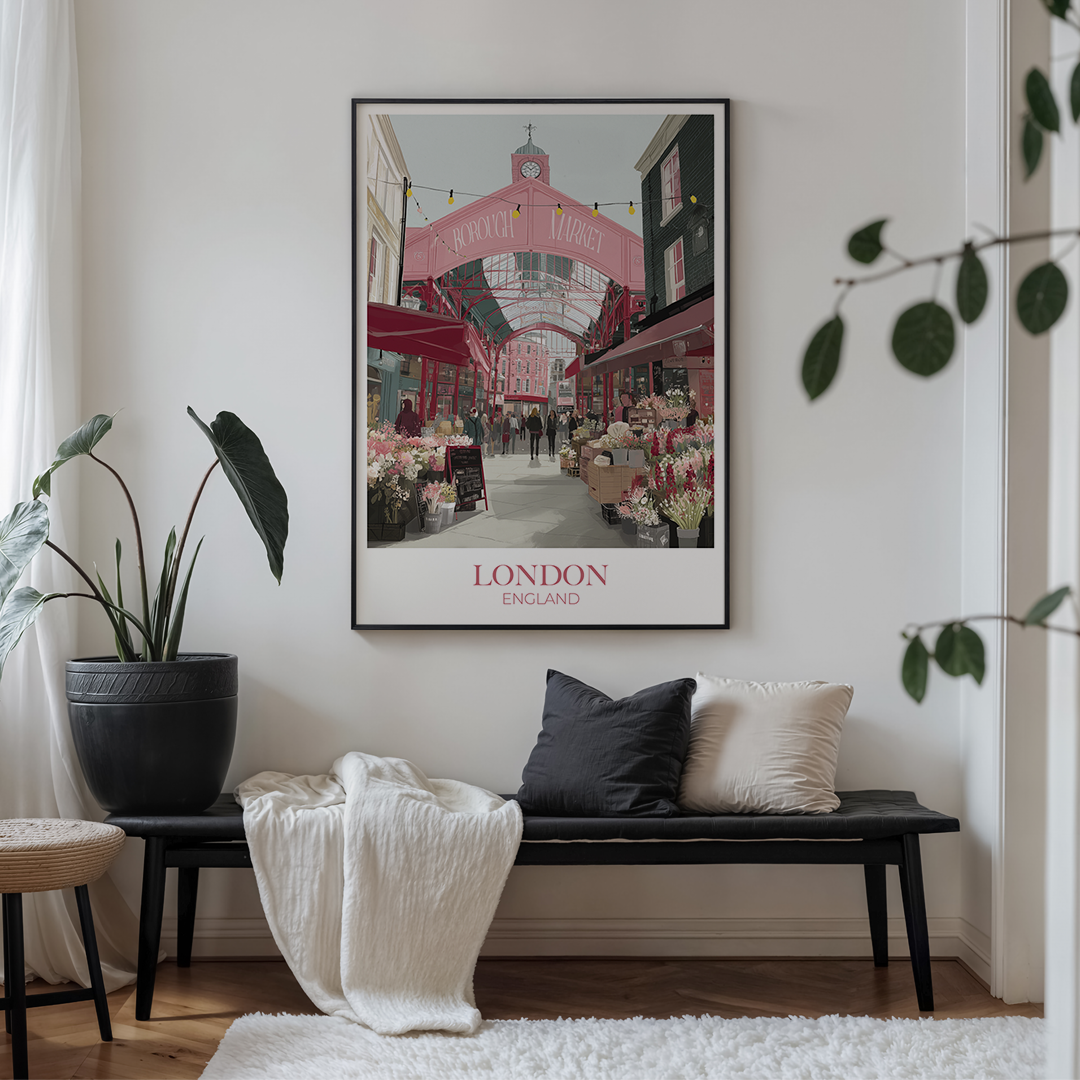 Living room with a bench, plant, and framed poster of London.