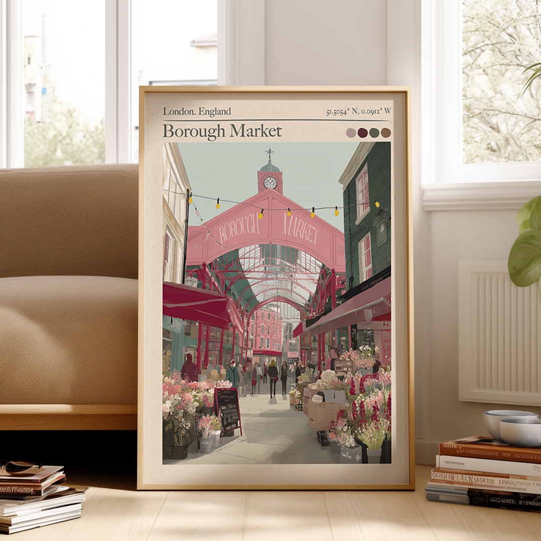 Framed poster of Borough Market in London, England, leaning against a wall.