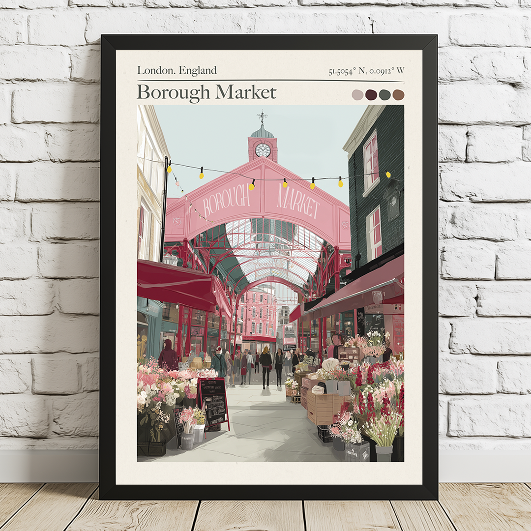 Framed artwork of Borough Market in London, England on a white brick wall.
