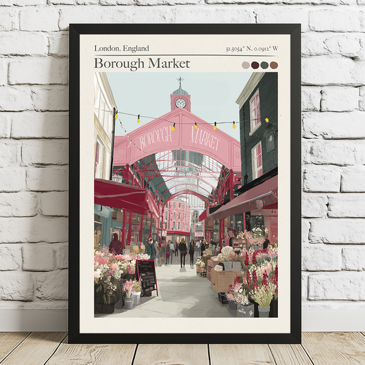 Framed artwork of Borough Market in London, England on a white brick wall.