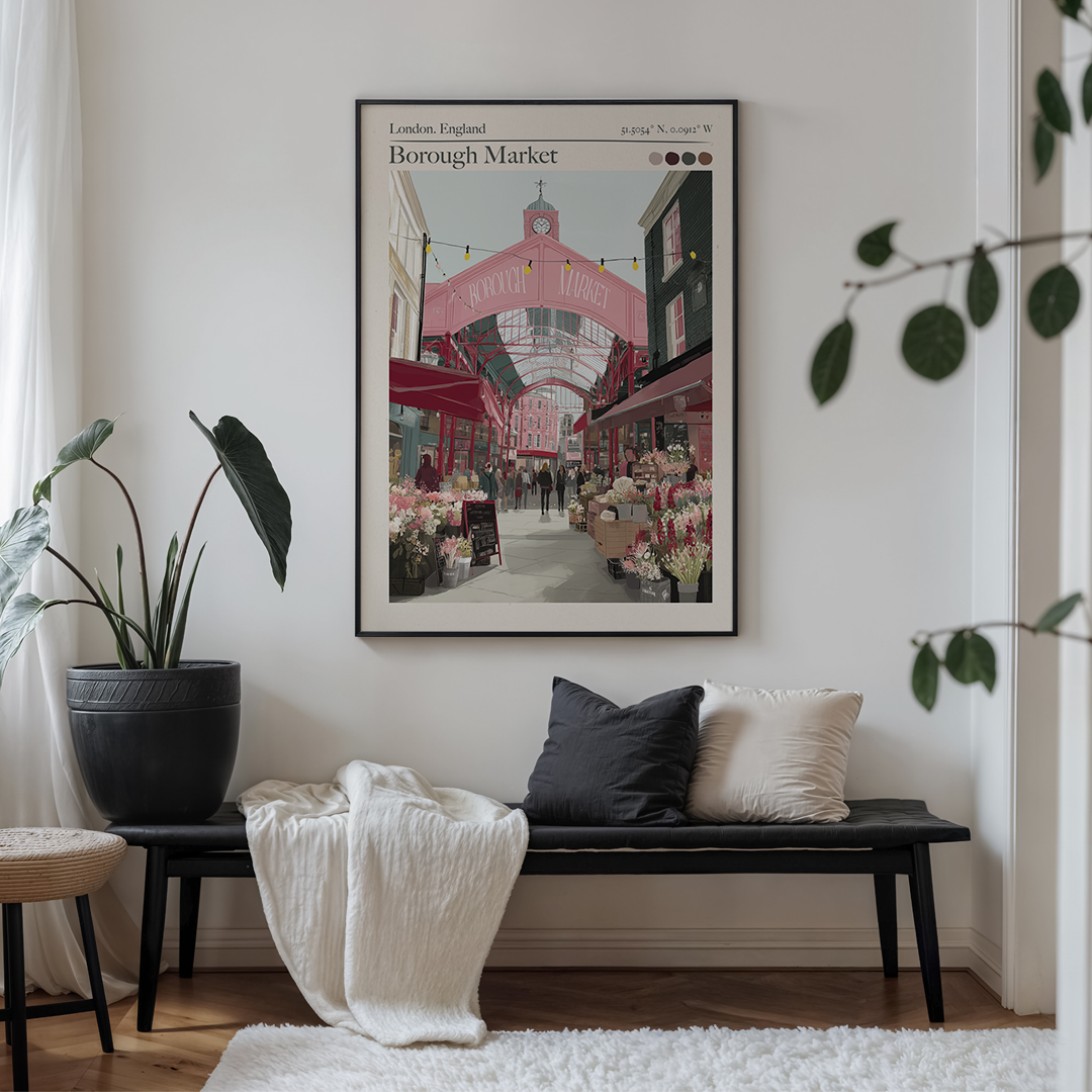 Living room with a bench, cushions, and a Borough Market print on the wall.