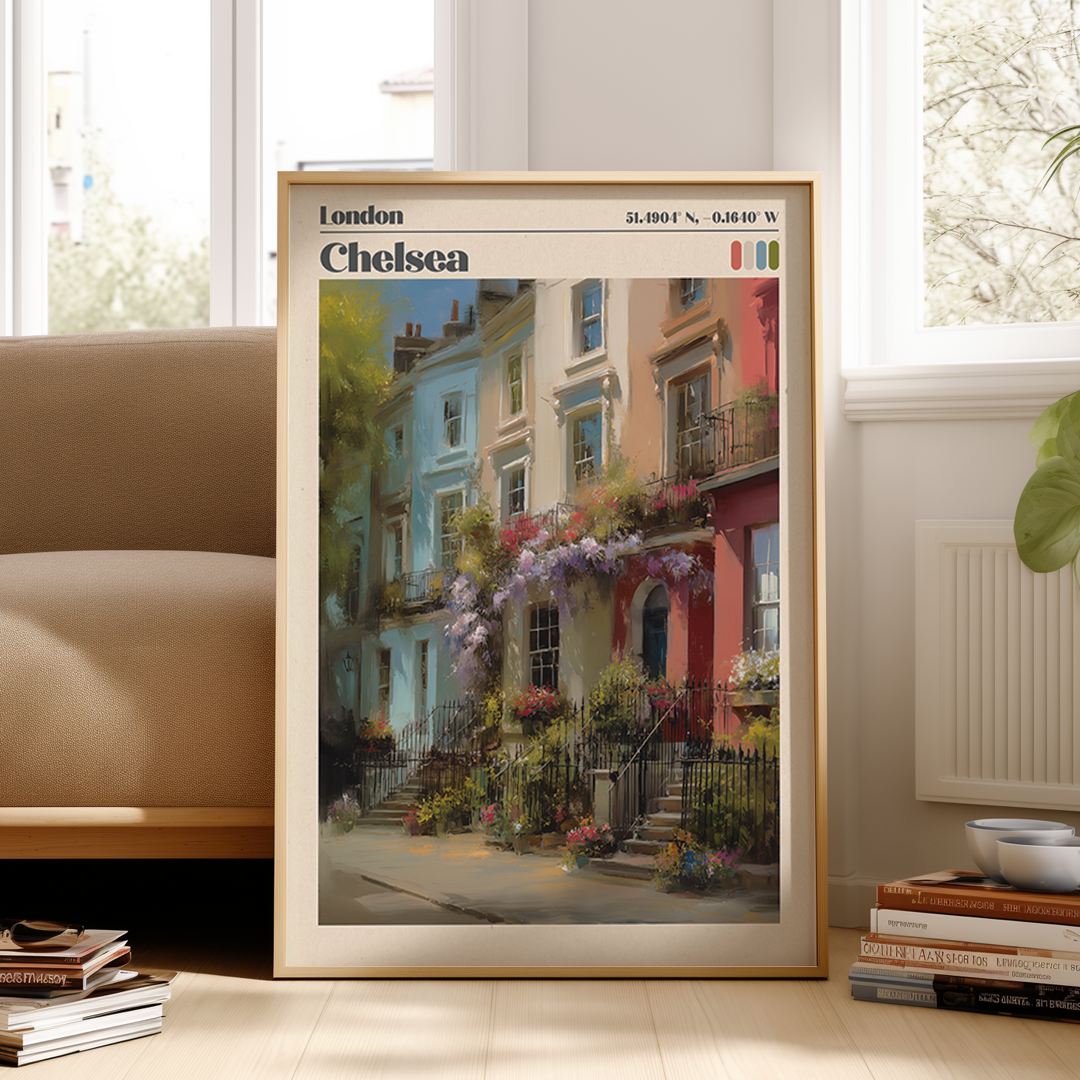 Pastel Chelsea print featuring Bywater Street townhouses and wisteria. Premium archival London travel‑poster artwork.