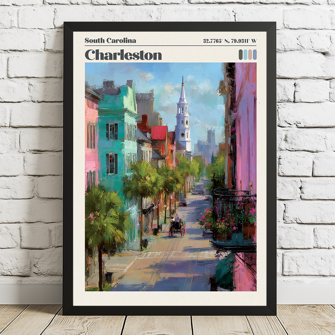 Framed artwork of a colorful street scene in Charleston, South Carolina, on a white brick wall.