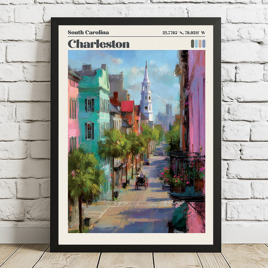 Framed artwork of a colorful street scene in Charleston, South Carolina, on a white brick wall.
