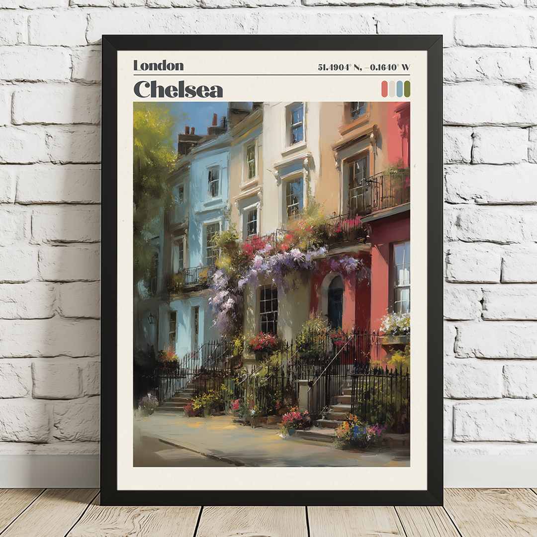 Pastel Chelsea print featuring Bywater Street townhouses and wisteria. Premium archival London travel‑poster artwork.