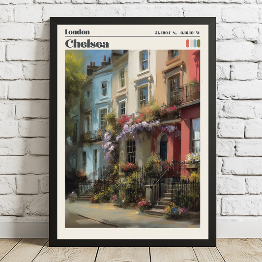 Pastel Chelsea print featuring Bywater Street townhouses and wisteria. Premium archival London travel‑poster artwork.