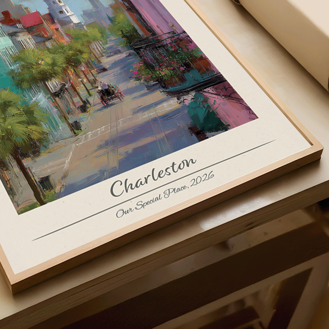 Framed artwork of a city street scene with 'Charleston' and '2026' text.
