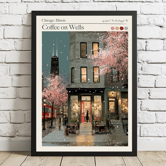 Framed artwork of a city street scene with cherry blossoms and a building, labeled 'Coffee on Wells, Chicago, Illinois'.