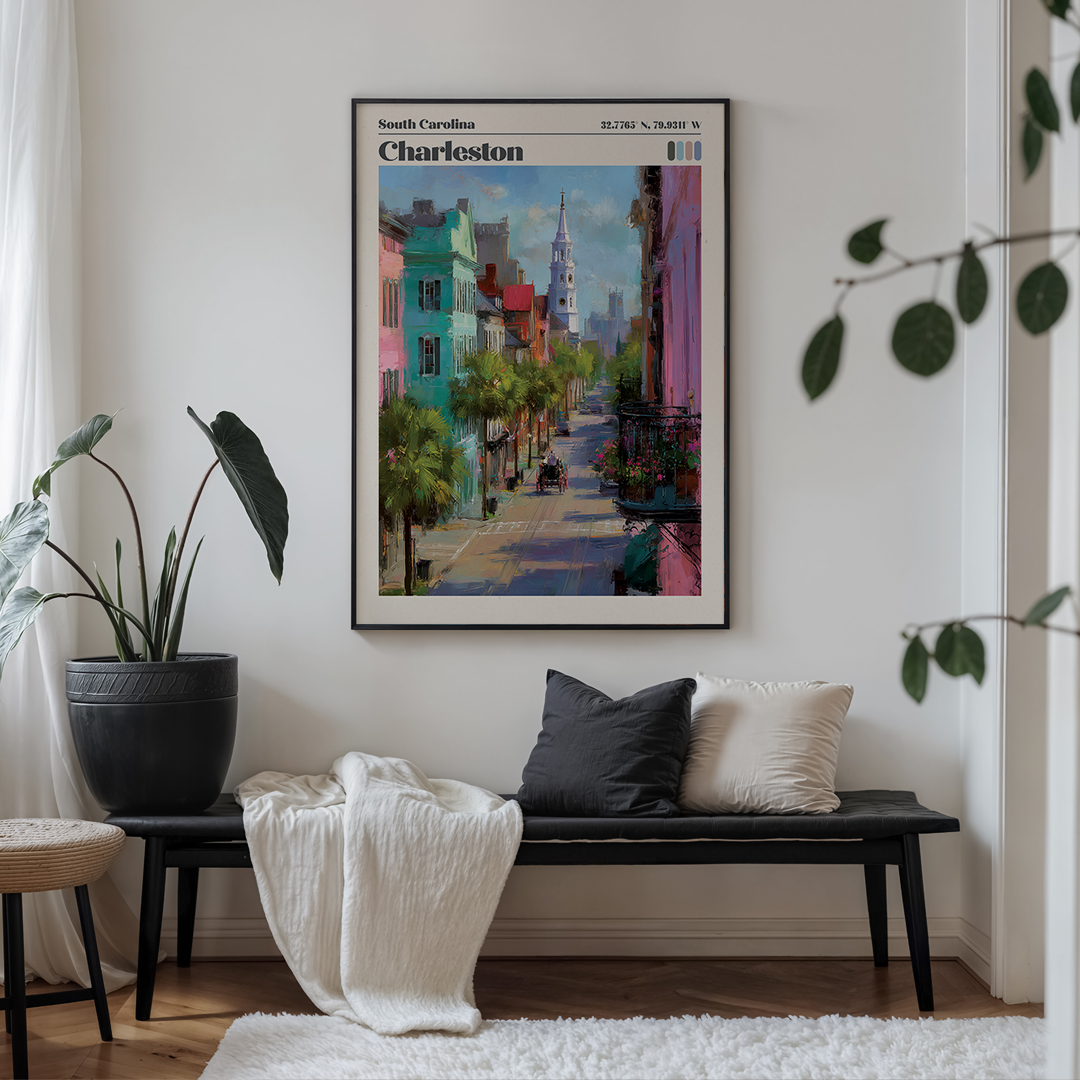 Living room with a bench, plant, and Charleston-themed wall art