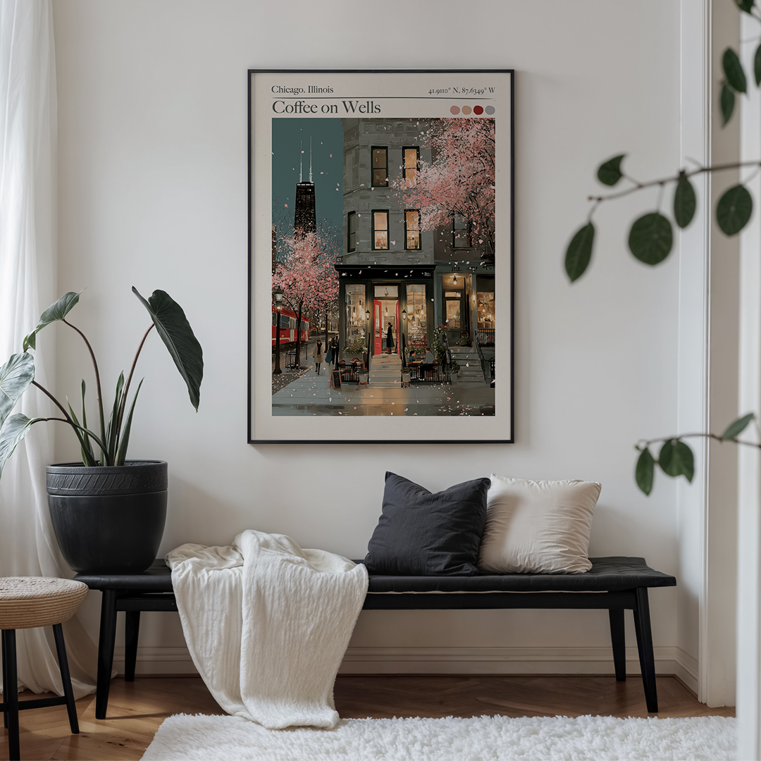 Framed artwork above a bench in a living room with decorative pillows and plants.