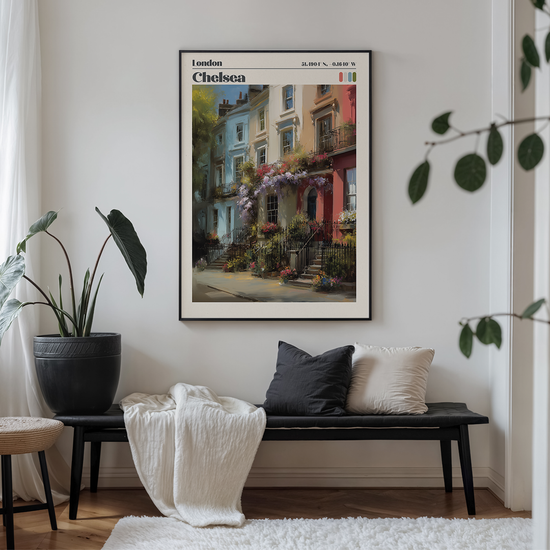 Pastel Chelsea print featuring Bywater Street townhouses and wisteria. Premium archival London travel‑poster artwork.