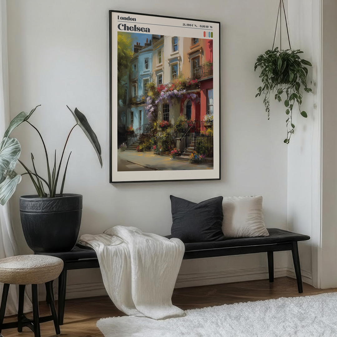 Pastel Chelsea print featuring Bywater Street townhouses and wisteria. Premium archival London travel‑poster artwork.