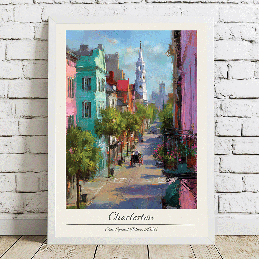 Framed artwork of a colorful street scene with a steeple, titled 'Charleston'.