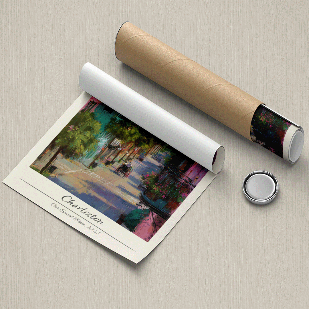 Roll of paper with a scenic print and a cylindrical product on a textured surface