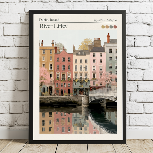 Framed poster of a cityscape with buildings and a bridge over a river, labeled 'Dublin, Ireland' on a white brick wall.