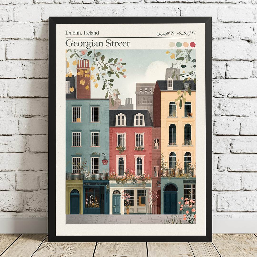Framed artwork of a colorful illustration of Georgian street in Dublin, Ireland, on a white brick wall.