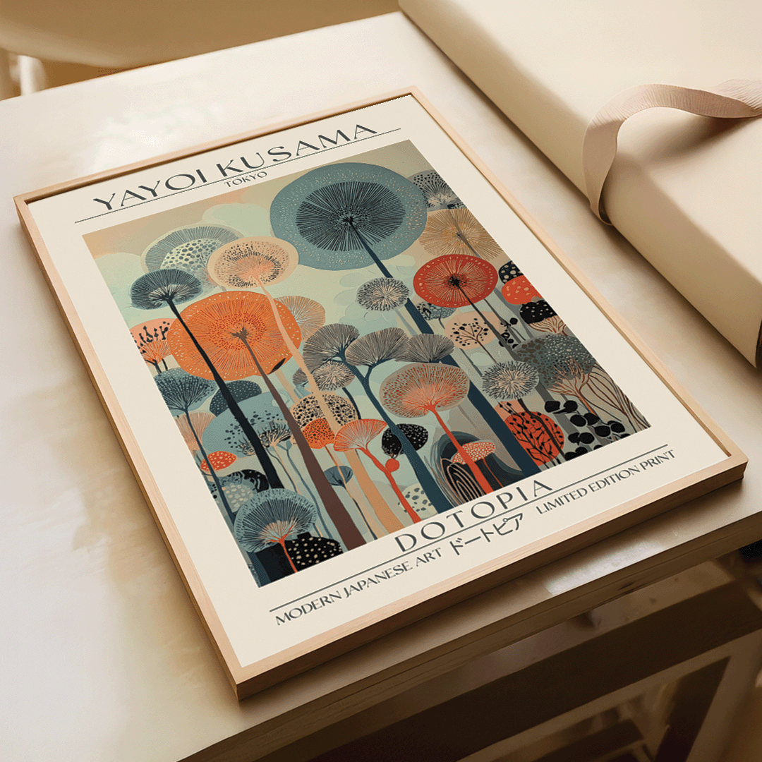 A framed art print titled 'Yayoi Kusuma Dotopia' resting on a light beige surface next to a cream-colored book or box. The print features a colorful, stylized illustration of Japanese umbrellas and trees in shades of orange, teal, gray, and beige.