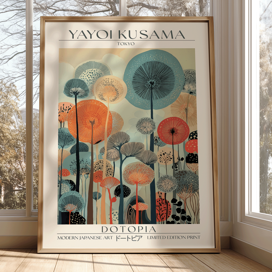 A framed art print of Yayoi Kusama's 'Dotopia' poster, leaning against a window in a sunlit room. The poster features a colorful, stylized Japanese floral pattern with dandelion-like forms in orange, teal, beige, and black, enclosed in a light wood frame.