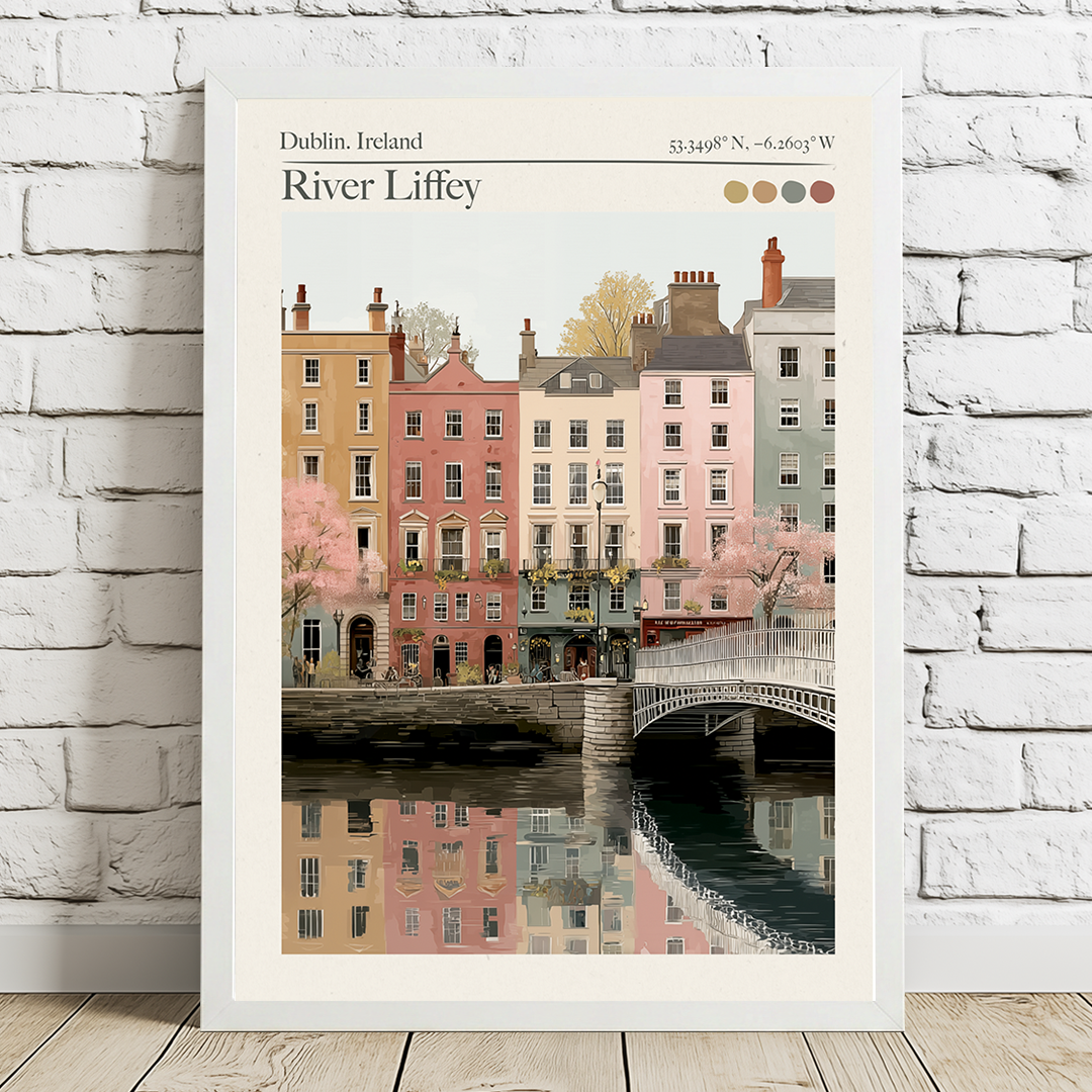 Framed artwork of a cityscape with buildings and a bridge over a river, labeled 'Dublin, Ireland'.