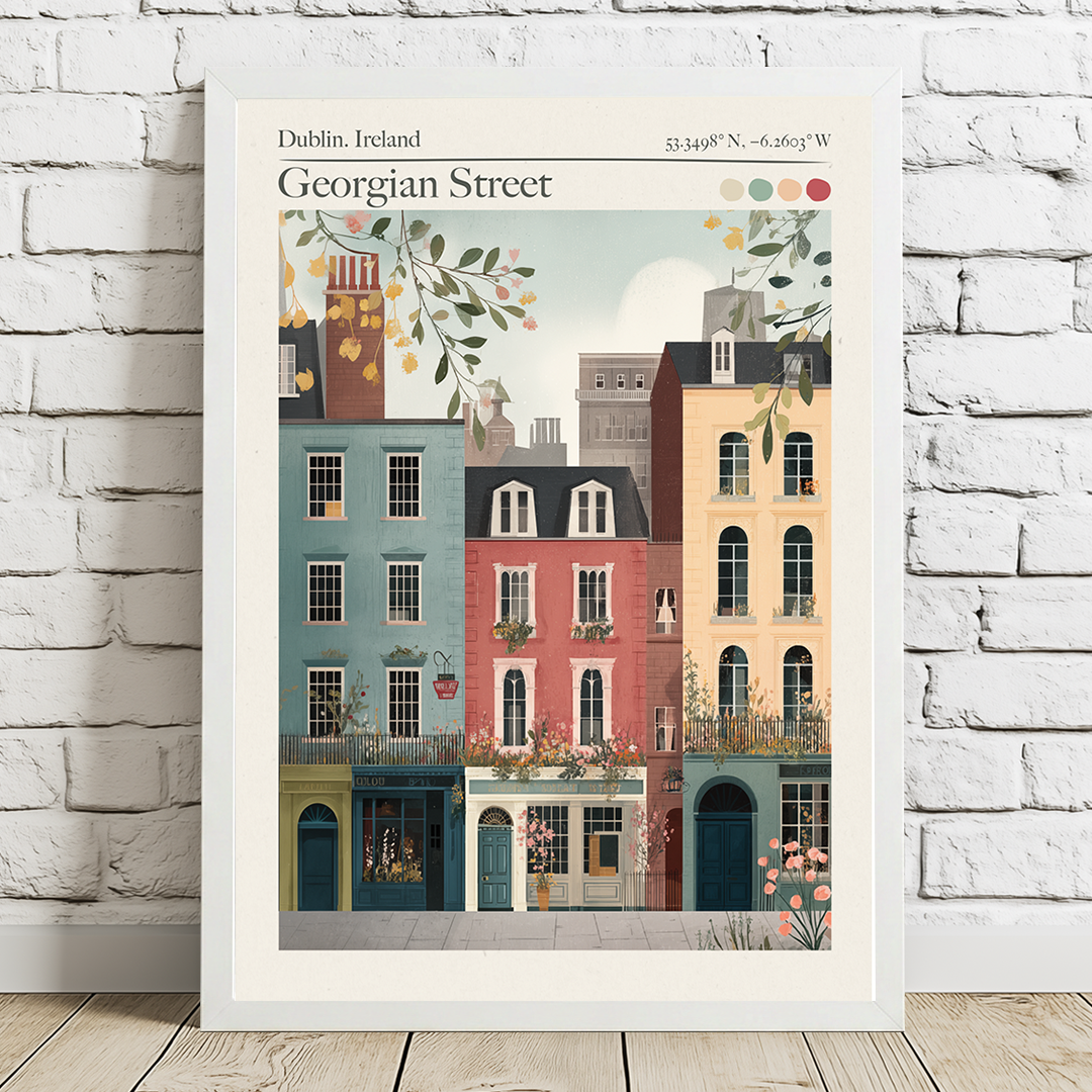 Framed artwork of a colorful illustration of Georgian street in Dublin, Ireland, on a white brick wall.