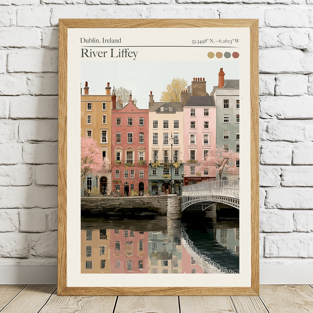Framed artwork of a cityscape with buildings and a bridge over a river, labeled 'Dublin, Ireland'.