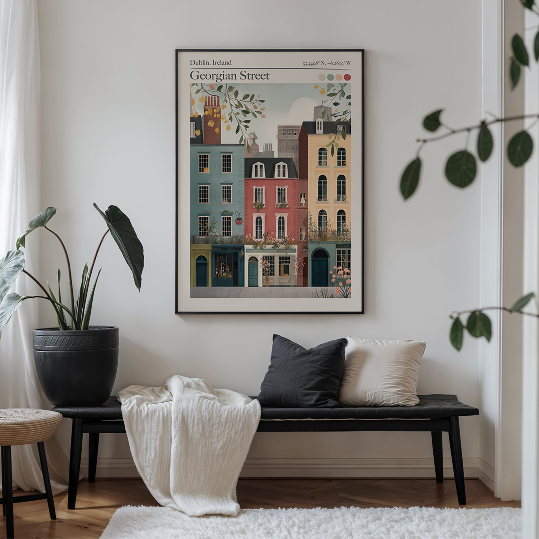 Living room with a bench, plant, and framed artwork of Georgian Street in Dublin, Ireland.
