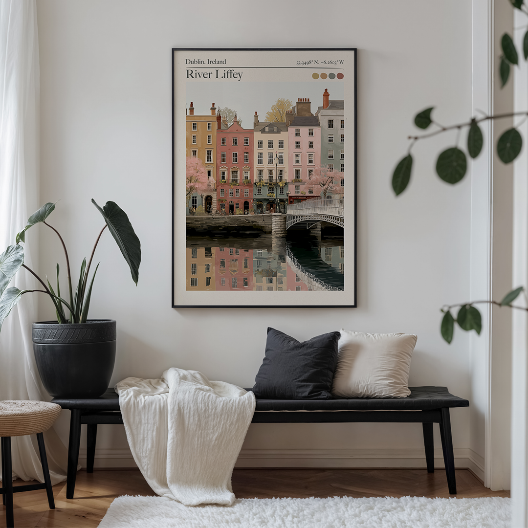 Living room with a bench, plants, and a framed picture of a cityscape.