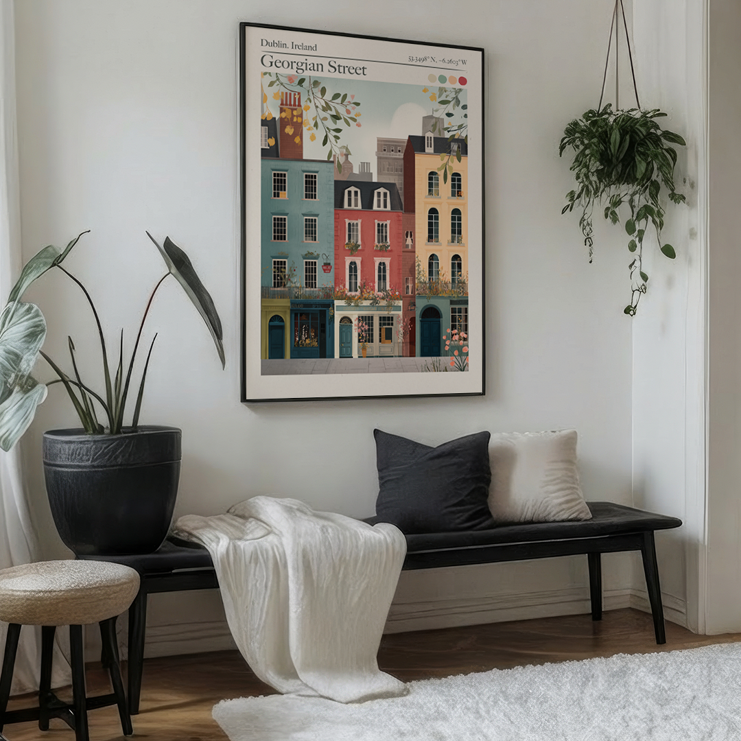 Living room with a bench, cushions, and a framed poster of Georgian Street.