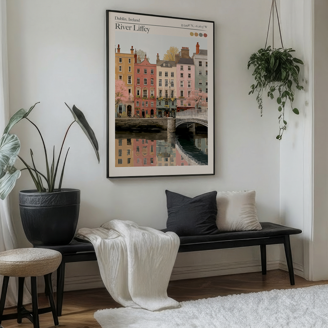 Living room with a bench, plants, and a framed picture of a cityscape.