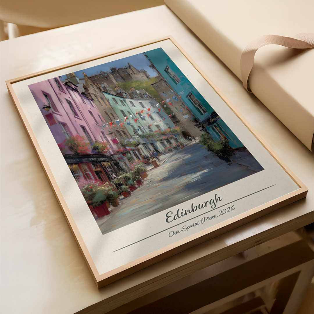Framed artwork of a colorful street scene with 'Edinburgh' text on a wooden surface.