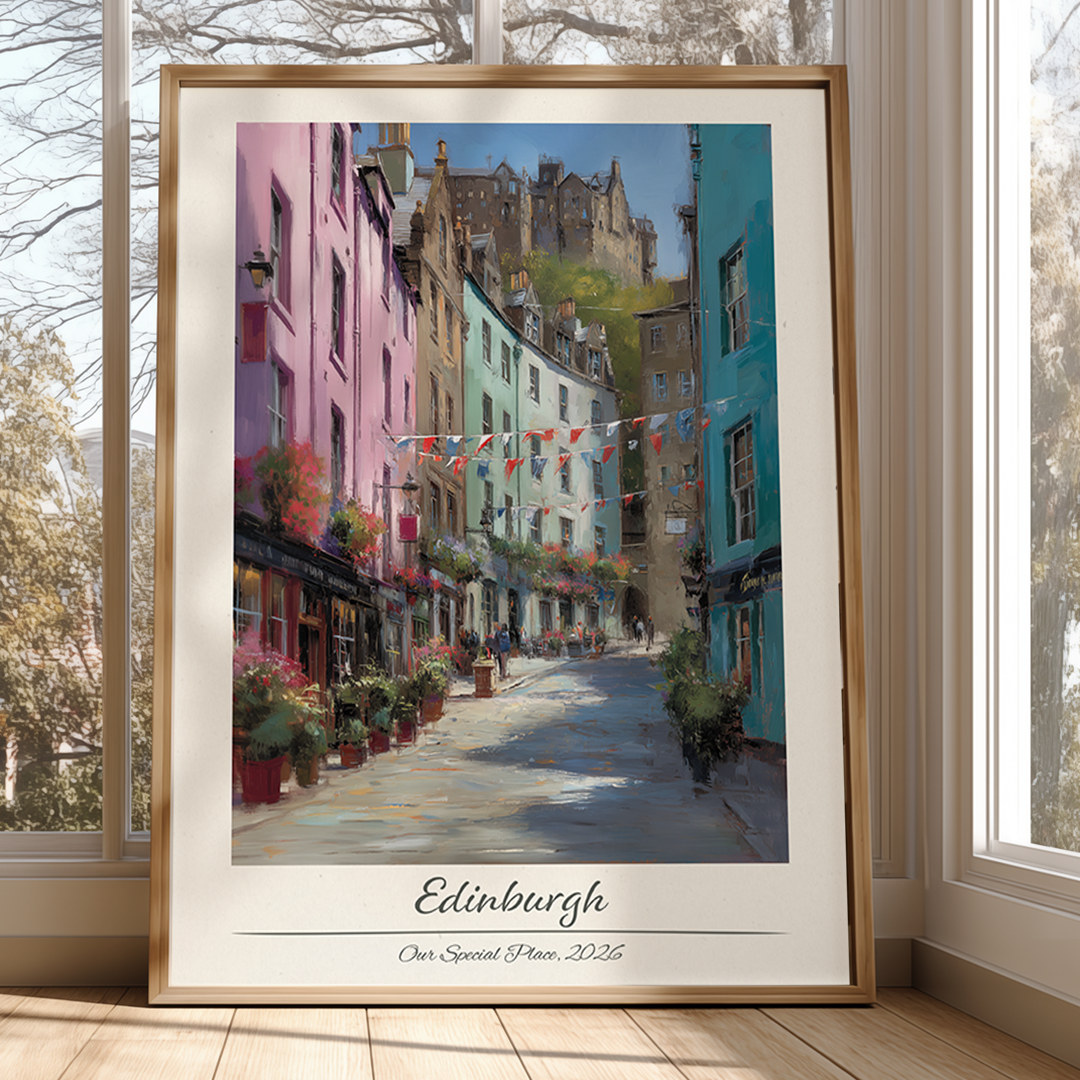 Framed artwork of a colorful street scene in Edinburgh, displayed on a wall.