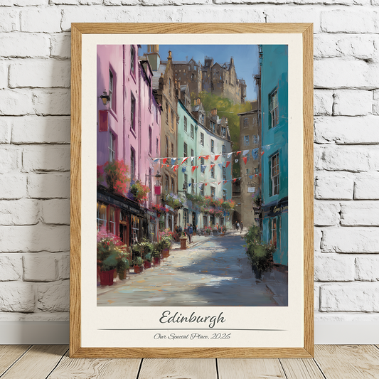 Framed artwork of a colorful street scene in Edinburgh on a white brick wall.