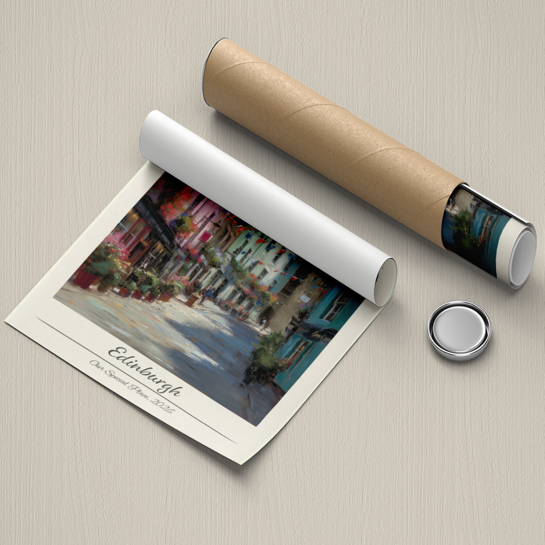 Roll of paper with a printed image of Edinburgh on a textured surface