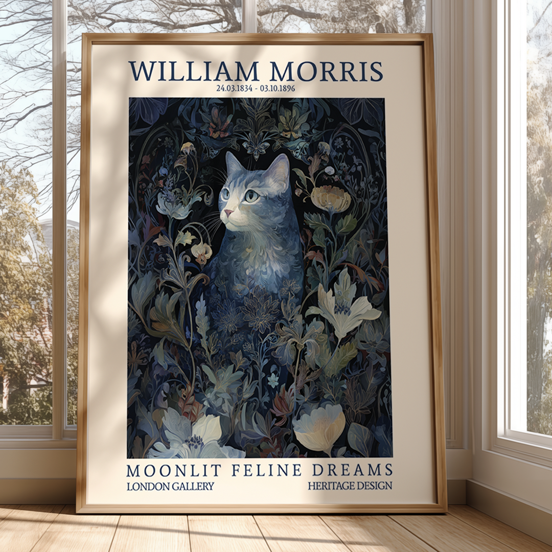 Framed artwork of a cat among flowers with 'William Morris' text, displayed in a room with large windows.